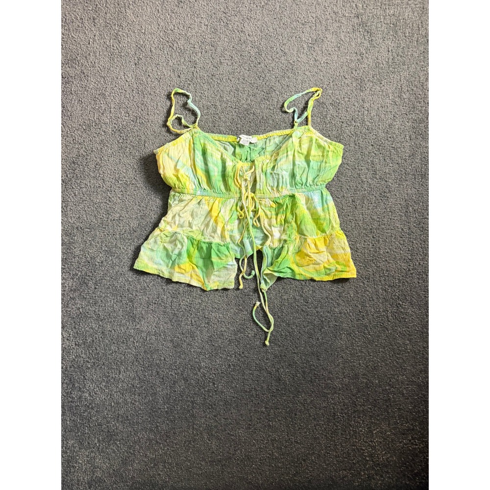 American Eagle Green Yellow Swirl Tie Front Peplum Cami Top Small